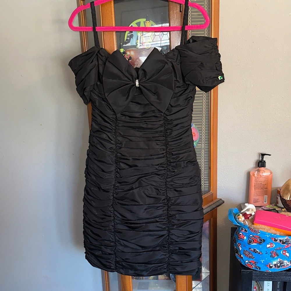 Vintage 80’s Chic Black Ruched Mini Dress with Bow and Rhinestone accent